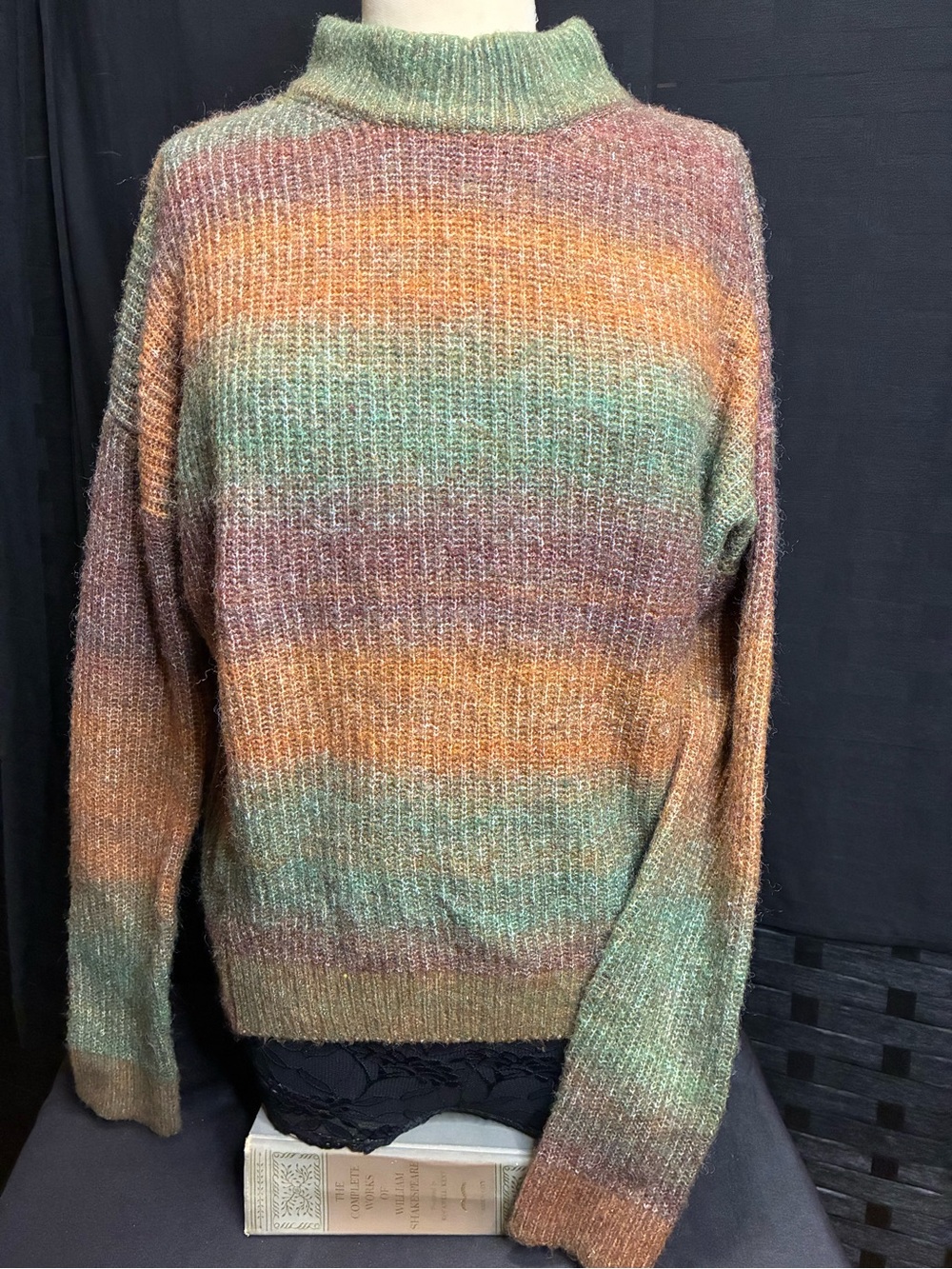 Striped Cozy Turtleneck Sweater in Green, Rust & Mauve